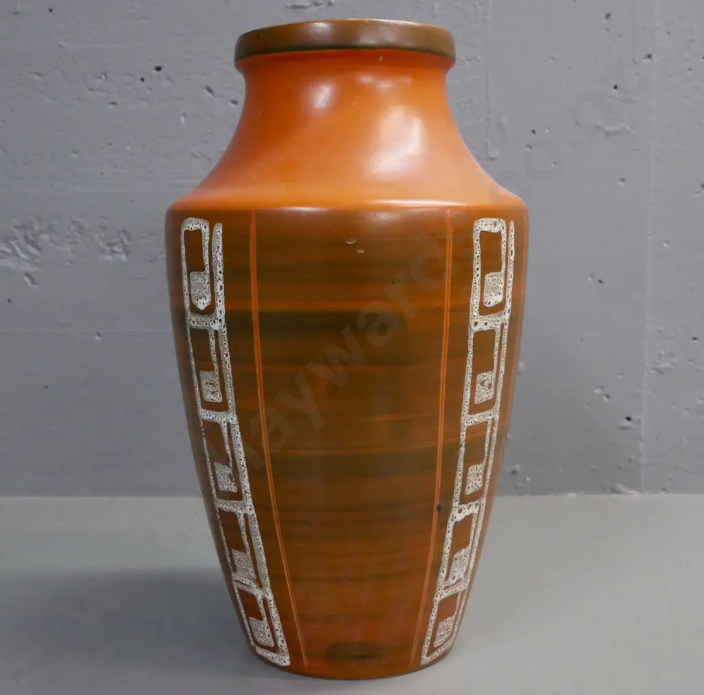 retro German vase, original label Bay Keramik Handgemalt. Orange and brown w/ white geometric patterning. Image 1++