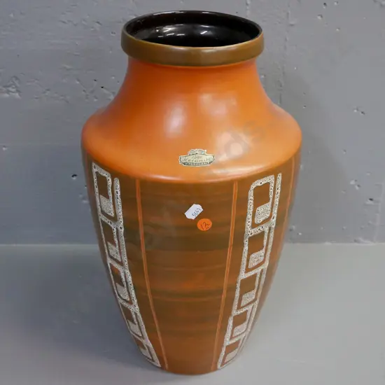 retro German vase, original label Bay Keramik Handgemalt. Orange and brown w/ white geometric patterning.