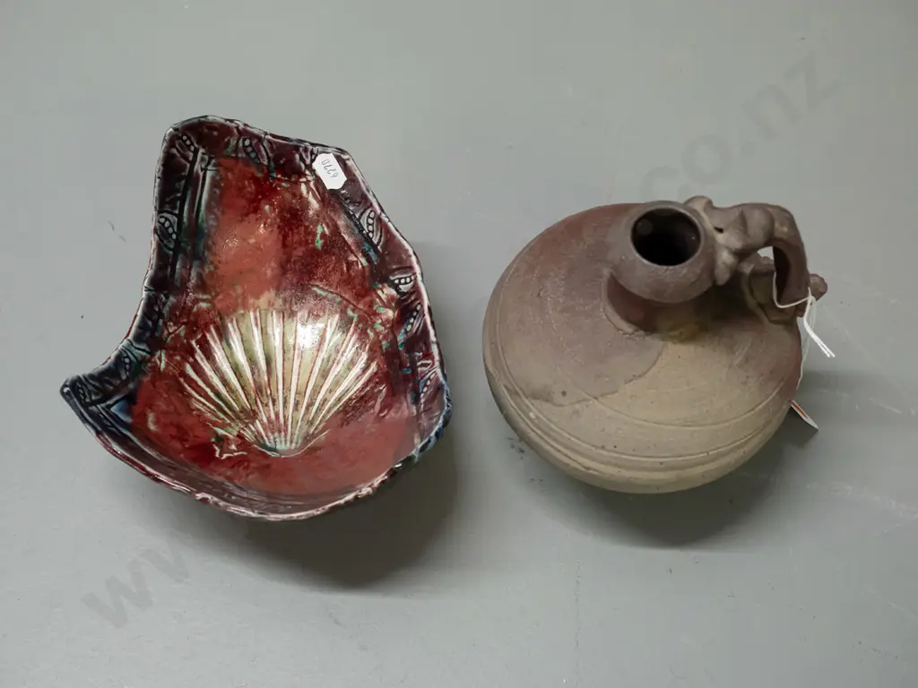 2 New Zealand studio pottery pieces - Barry Ball jug H-160 & a footed bowl with shell decoration w/ unknown maker's mark Image 1++