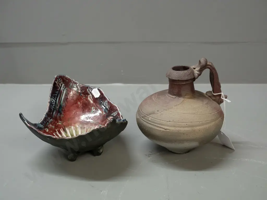 2 New Zealand studio pottery pieces - Barry Ball jug H-160 & a footed bowl with shell decoration w/ unknown maker's mark Image 1++