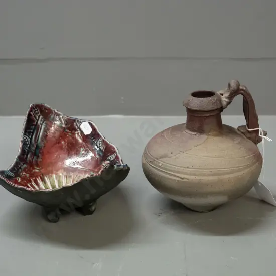 2 New Zealand studio pottery pieces - Barry Ball jug H-160 & a footed bowl with shell decoration w/ unknown maker's mark