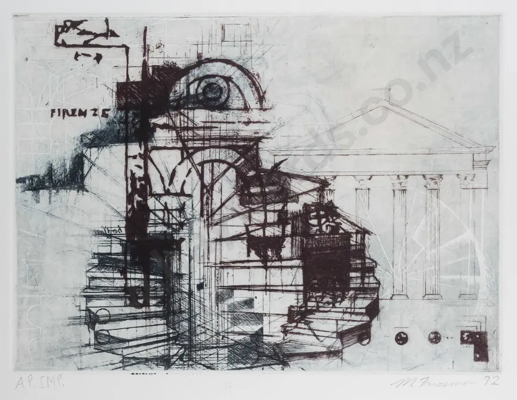 illegible signature framed artist's proof - architectural features H200 W280 Image 1++