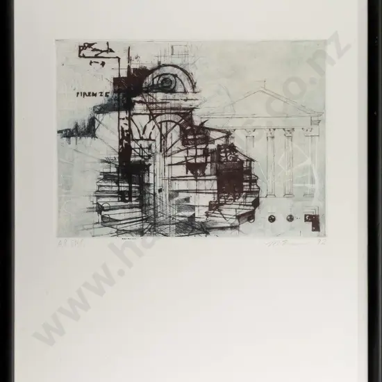 illegible signature framed artist's proof - architectural features H200 W280