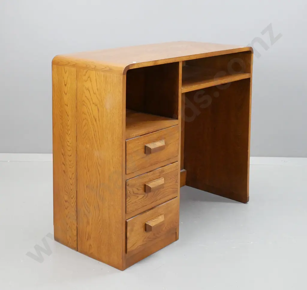 art deco style oak kneehole desk with open top compartment, 3 drawers w/ wooden handles - has split to one side H-790 Image 1++