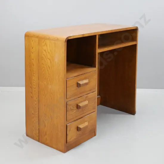 art deco style oak kneehole desk with open top compartment, 3 drawers w/ wooden handles - has split to one side H-790