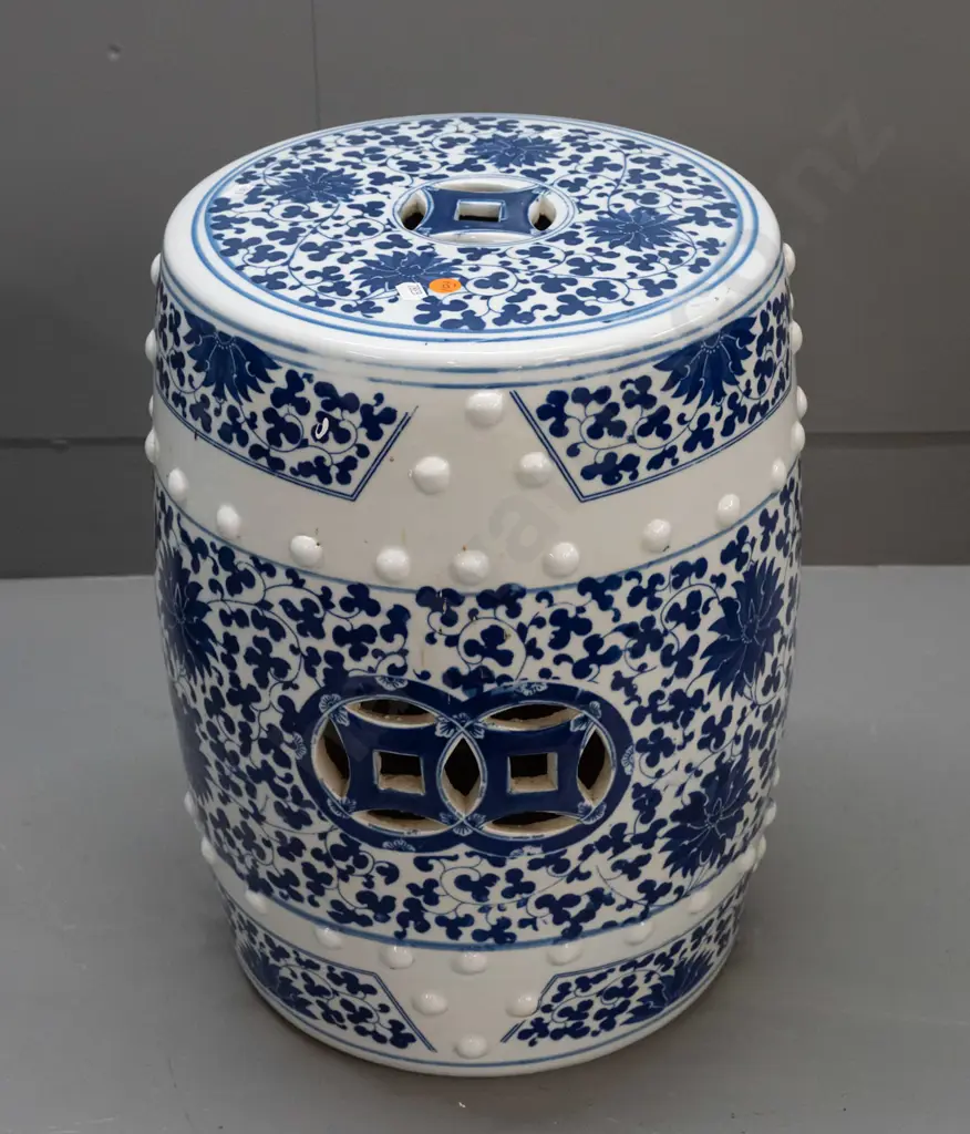 Chinese blue and white ceramic garden seat with pierced cutouts in top and sides, raised stud pattern H-420 D-290 at top Image 1++