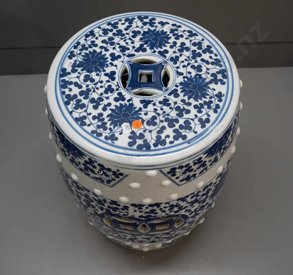 Chinese blue and white ceramic garden seat with pierced cutouts in top and sides, raised stud pattern H-420 D-290 at top Image 1++