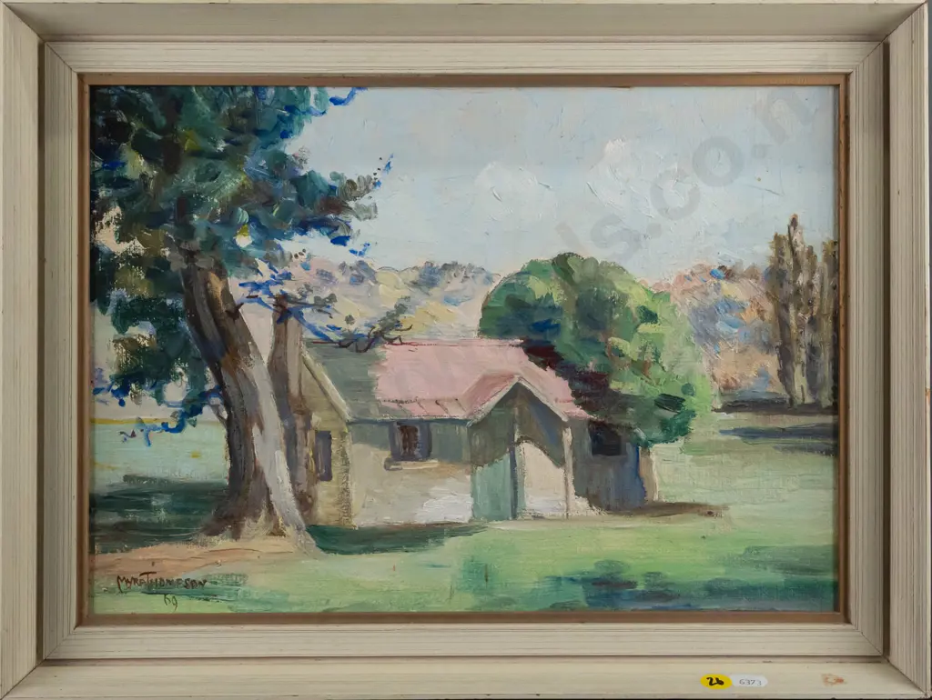 Myra Thompson - framed oil on board - "Maggie Murphy's Cottage, Fruitlands" H240 W340 Image 1++