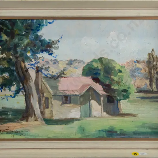 Myra Thompson - framed oil on board - "Maggie Murphy's Cottage, Fruitlands" H240 W340