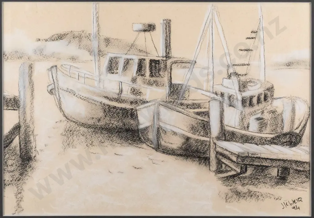 J K Weir '94 - framed pencil & pastel - fishing boats H250 W350 Image 1++