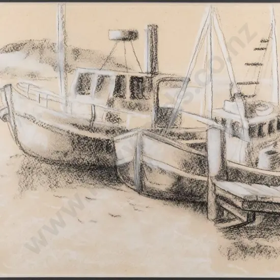 J K Weir '94 - framed pencil & pastel - fishing boats H250 W350