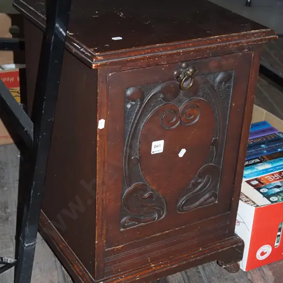 Edwardian drop front coal bin with shield carved door and metal liner - doesn't open fully H-580