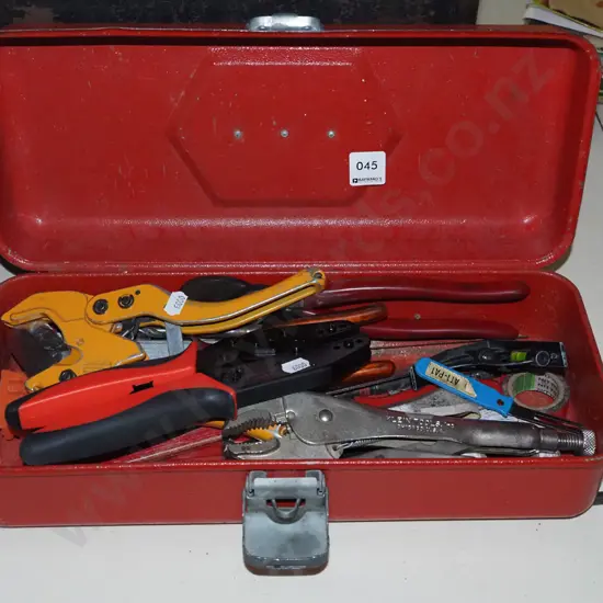 red tool box; wire strippers, vice grips etc