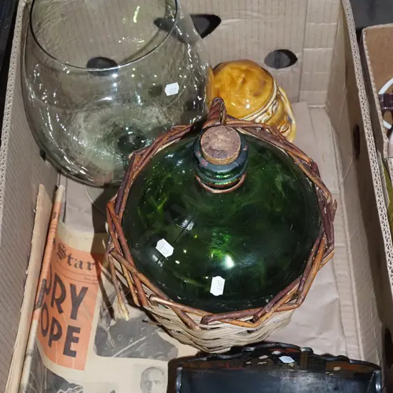 box; green glass bottle,large glass goblet vase, lacquer letter rack etc