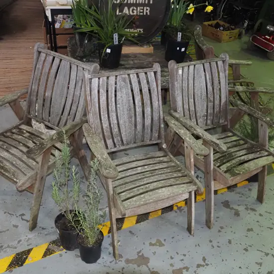 Harco square outdoor table with 5 chairs - some moss and lichen, good condition H-730 W-980 D-980