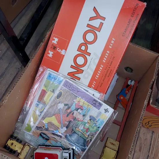 box; Monopoly, puzzles, vintage toys etc