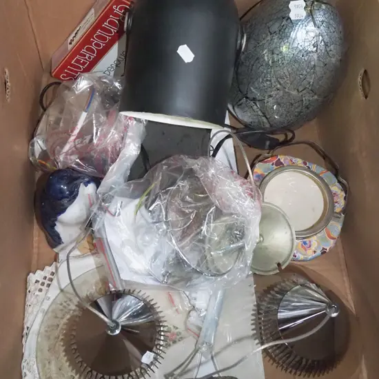 box; pendant  light fittings, desk lamp etc