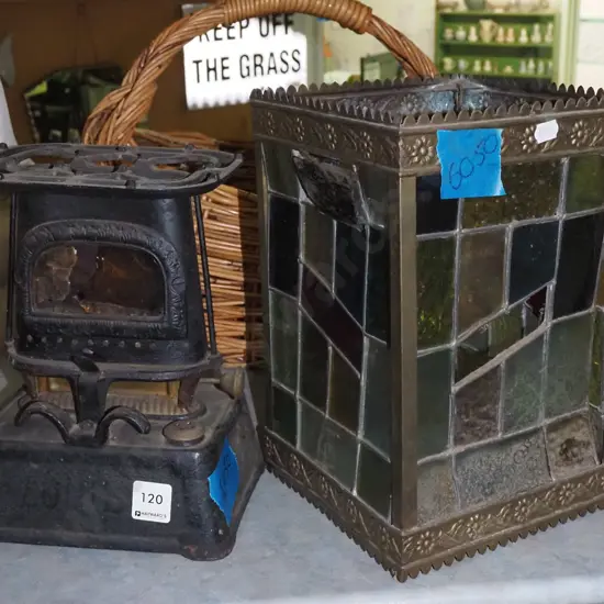 Victorian cast iron kerosene camp stove, leadlight pendant light fitting - significant damage