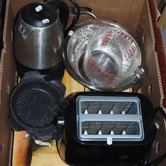 box; toaster, colander, pyrex jug etc.