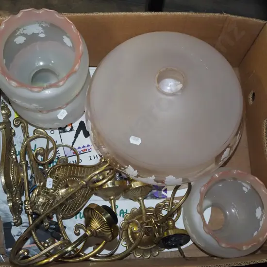 box; pink glass and white floral pendant light fitting with 3 wall mounted wall fittings