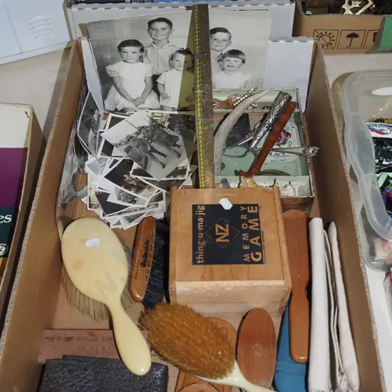 box; vintage photographs, memory game, tins, magnifying glass, brushes, etc