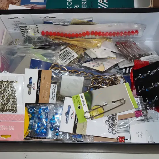box; jewellery makers bits and pieces; beads, chains, clip setc