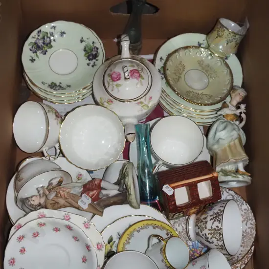 box; figurines, teapots, saucers etc