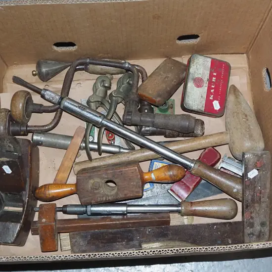 box; vintage tools; twist drill, wooden hand plane, plumb bob etc