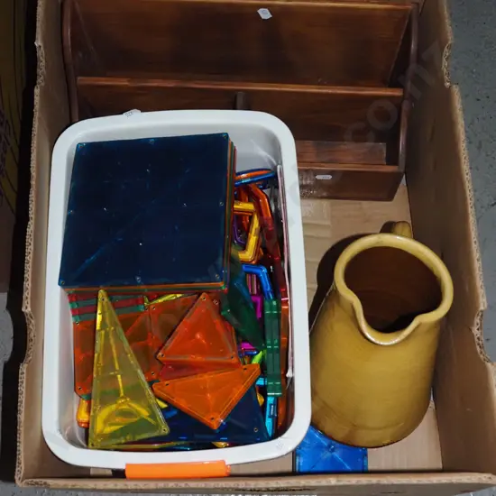 box; perspex magnetic shapes, letter rack, terracotta jug