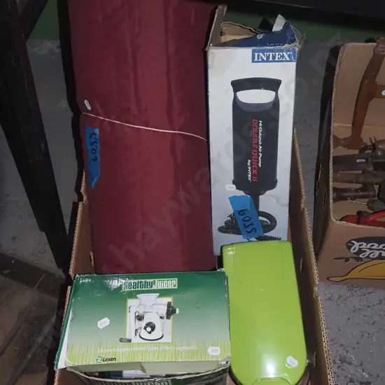 box; bed roll, hand pump, juicer etc