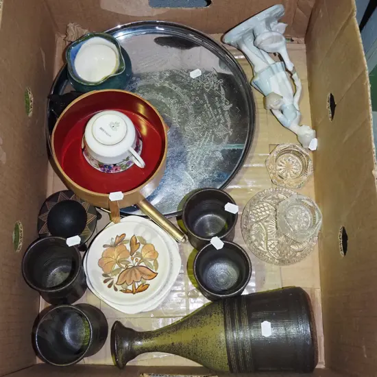 box; figurine, plated tray, pottery goblets etc