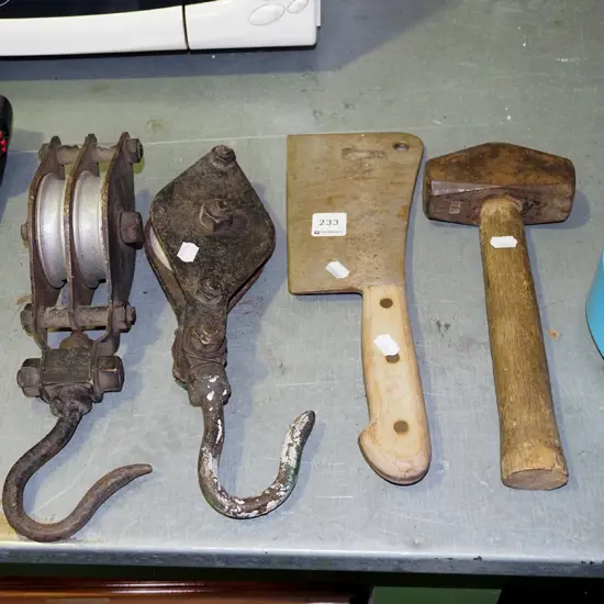 2x metal pulleys, heavy hammer, cleaver