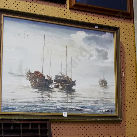 H Cheng - framed oil on canvas - boats - significant damage