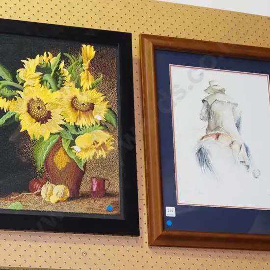 framed needlework - sunflowers, framed print - stockmen - blue dots