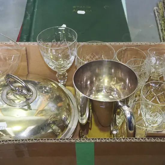 box; cut crystal sherry glasses, plated ware
