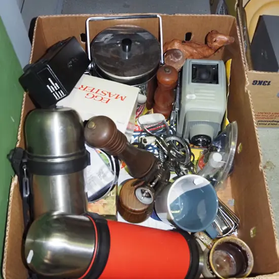 box; thermoses, salt and pepper shakers etc