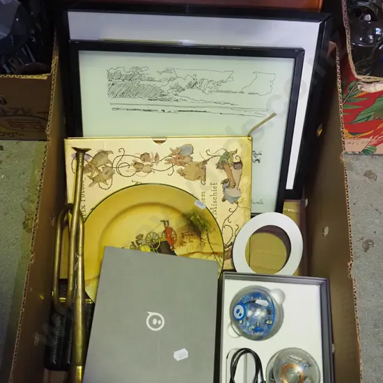 box; bugle, Doulton plate, Guiness prints etc