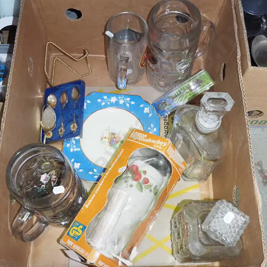 box; large beer steins, decanters, souvenir teaspoons etc