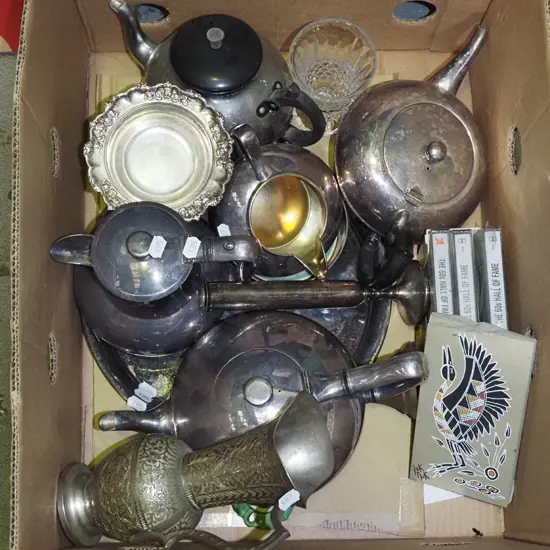 box; tape cassettes, plated ware, glass etc