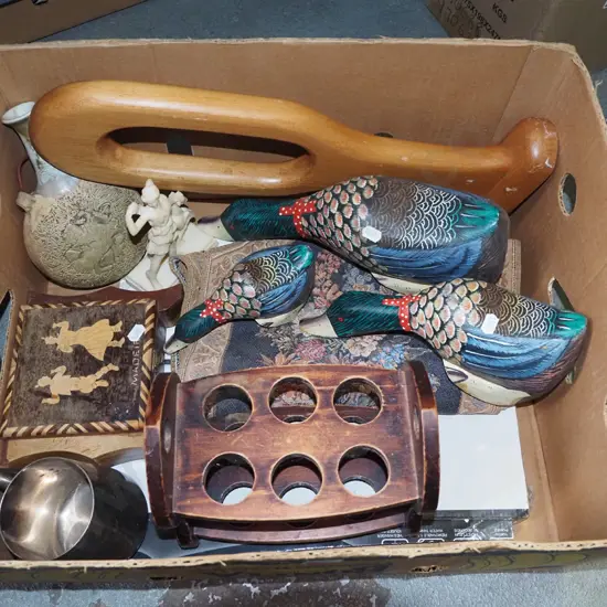 box; wooden ornamental ducks, pottery flask, egg holder etc