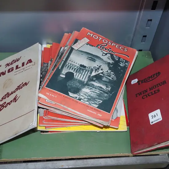 back issues of 1950s Motor Spec Reviews, Triumph motorcycle manuals etc