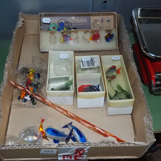 box; wine glass markers, glass figurines etc