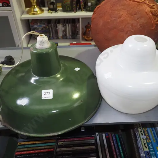 green industrial light shade Diam-310 some damage, white glass light shade