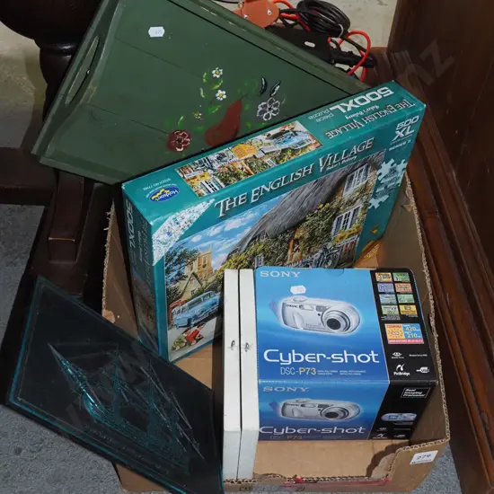 box; wooden tray, puzzle, cybershot camera