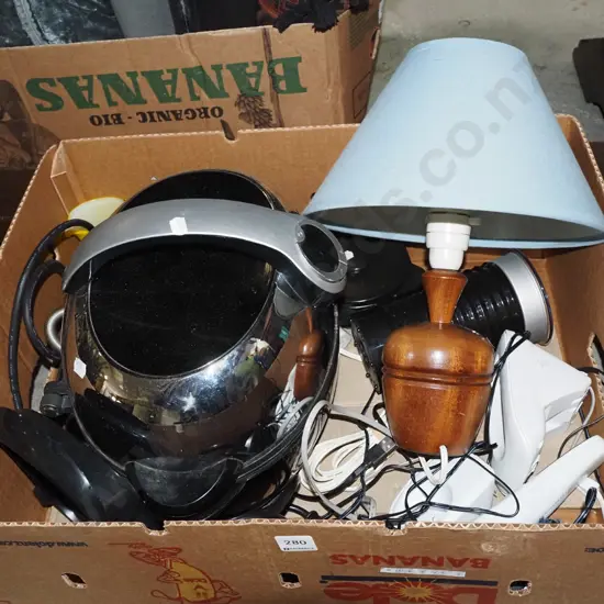 box; cordless phone, coffee milk frother, table lamp, George Foreman grill