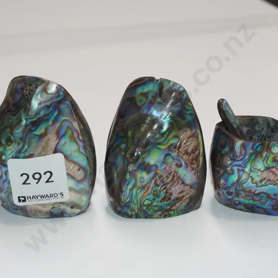 paua shell open salt, salt and peppers