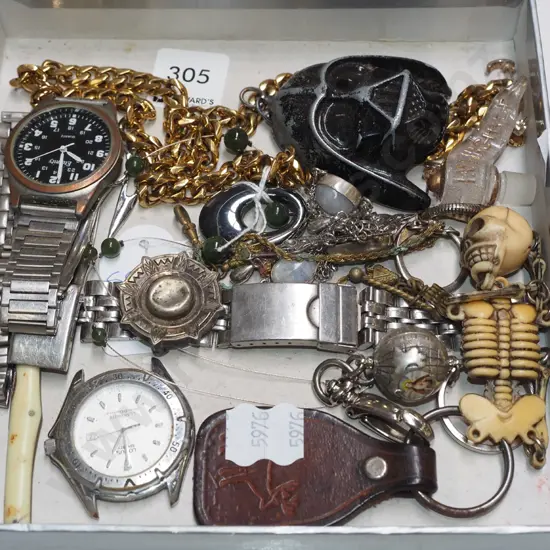 tray; watches, Darth Vader pendant, key rings etc