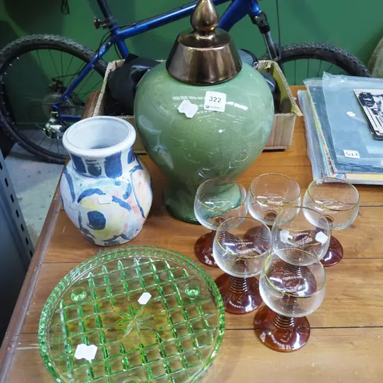 crazed green glazed lidded urn, 6x goblets, pottery vase, green glass footed cake plate