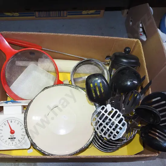 box; vintage Salter scales, flour sifter, kitchen utensils etc
