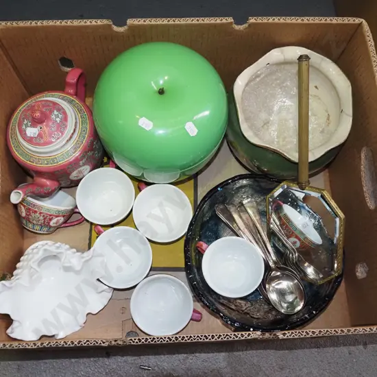 box; Asian teapot, cups, hand held mirror etc